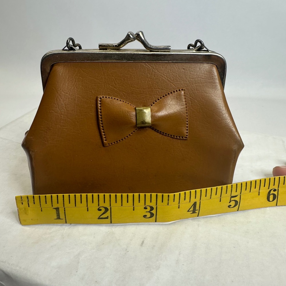 Vintage Style Cognac Brown Bow Frame‎ Clutch Kiss Lock Chain Handle Handbag - Picture 9 of 10